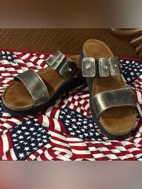 NAOT Ashley Metallic Gold/Black Leather Rhinestone Wedge Slide Sandals